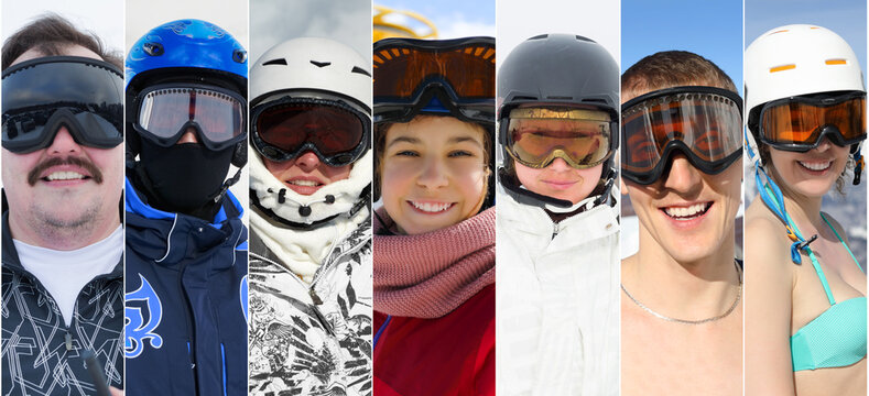 Seven faces of happy different children, adults in ski goggles and helmets at winter, collage