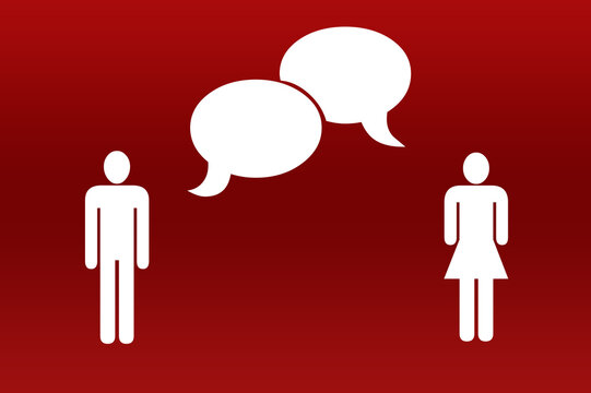Fraun und Mann als Symbol dargestellt mit einer Sprechblase zwischen beiden Personen. Konzept Kommunikation in der Partnerschaft