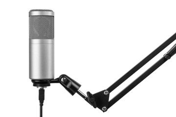 Studio microphone for audio, voice, music recording on the adjustable stand isolated. Transparent...