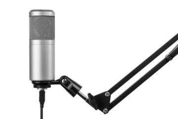 Studio microphone for audio, voice, music recording on the adjustable stand isolated. Transparent PNG image.