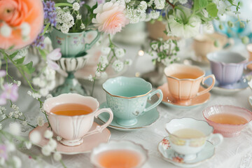 Elegant Vintage Tea Party Setup with Delicate Floral Arrangements