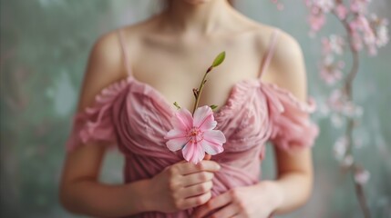Elegant woman in a pink dress holding a delicate flower