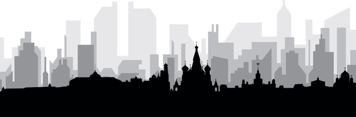 Black cityscape skyline panorama with gray misty city buildings background of MOSCOW, RUSSIA