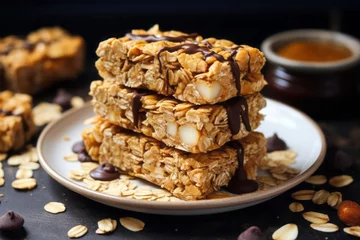 Tuinposter Peanut butter granola bars with rolled oats, peanut butter, and maple syrup © DK_2020
