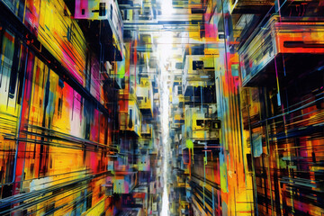 Abstract painting of a city with bright colors.