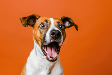 Dog looking surprised, reacting amazed, impressed or scared over solid orange background - obrazy, fototapety, plakaty