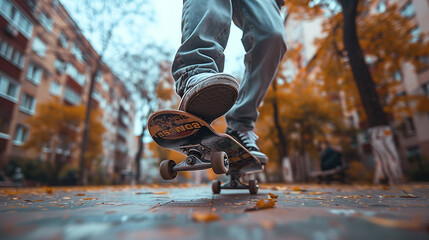 Wide closeup photo from below, an active skateboarder performing at a middle of park, action in the air with jeans and sneakers shoes 