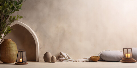 Minimalistic still life scene with neutral colors and natural materials - obrazy, fototapety, plakaty