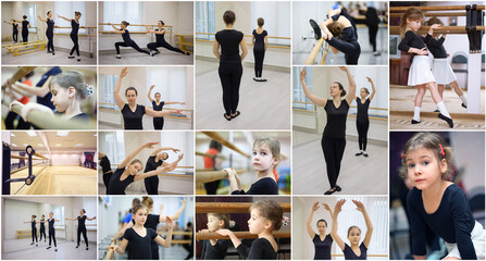 Girls and women stretch in ballet class, collage with two models