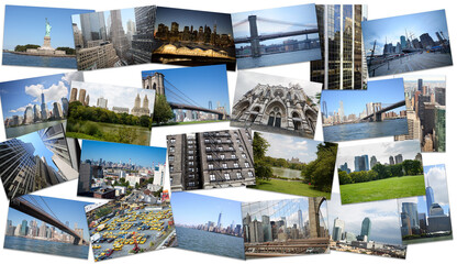 Collage with photos with New york views, Brooklyn Bridge, Manhattan, Statue of Liberty, Central park