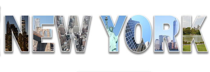 Collage with New york letters with city, Brooklyn Bridge, Statue of Liberty, Central park
