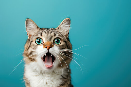 Cat looking surprised, reacting amazed, impressed or scared over solid blue background