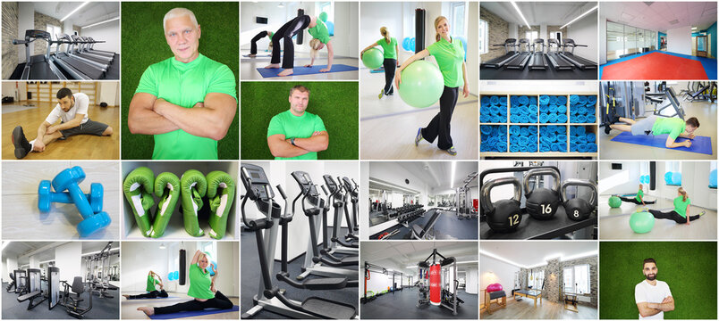 Athletic people, gyms with simulators, sport equipment, (7 models), collage