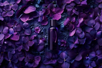 Elegant perfume bottle surrounded by a beautiful array of purple petals