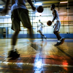 Blurred image of basketball players on court displaying skills and moves