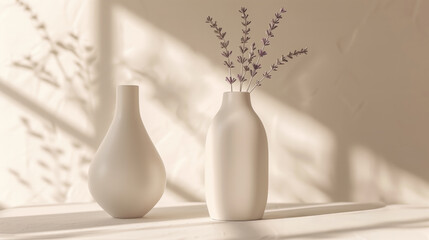 Minimalist still life of two white vases with delicate flowers, playing with light and shadows