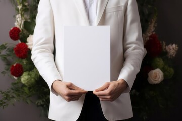 A man in a white suit holds a blank white sheet of paper in his hands. Mockup