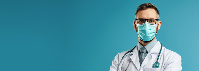 Portrait of a male doctor wearing a medical mask and glasses, standing confidently. Health and safety in healthcare settings concept with copy space - obrazy, fototapety, plakaty