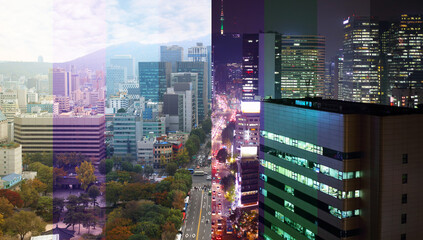 Collage Day and night - highrise buildings, highway near park with Pagoda Vongaksa in Seoul
