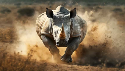 Foto op Canvas Action shot of a beautiful large white or grey rhino as he runs quickly through the savannah, raising the dust on the ground. Generative Ai. © Alberto Masnovo