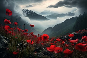 Stunning Red flowers mountain view. Sunset landscape. Generate Ai - obrazy, fototapety, plakaty