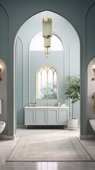 Bathroom interior design with blue walls, arched niches, marble floor and gold accents in 3D rendering - obrazy, fototapety, plakaty