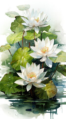 Watercolor white flowers on green leaves, water lilies, lotus, spring, summer, bloom, delicate flowers, bouquets, background art wallpaper, print, for printing, poster, wall painting, interior - gener