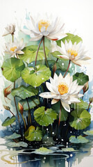 Watercolor white flowers on green leaves, water lilies, lotus, spring, summer, bloom, delicate flowers, bouquets, background art wallpaper, print, for printing, poster, wall painting, interior - gener