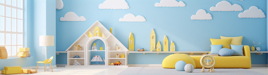 3d rendering, cartoon, interior, blue, yellow, clouds, toys, child room