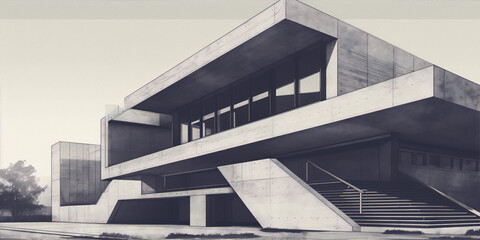 Black and white architectural sketch of a modern building with geometric shapes and lines