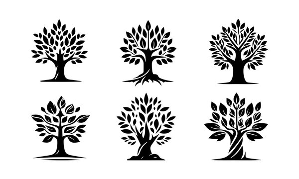tree silhouette icons set simple style vector image,black and white tree vector set,silhouettes set
