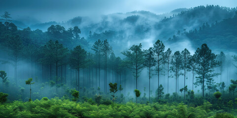 overgrown felling in foggy mountain forest in the morning, beautiful nature scenery. - obrazy, fototapety, plakaty