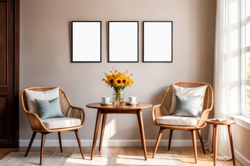 3 Frame mockup on wall in living room, with boho style wooden chairs, curtains and window, and flower vase, soft lighting, sunrays, blank white frame, for displaying wall art listing