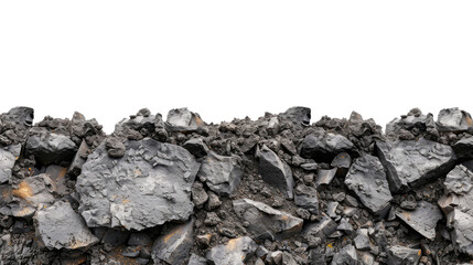 Rough rocky surface and black dry soil on transparent background.