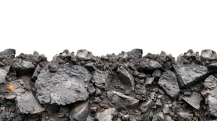 Rough rocky surface and black dry soil on transparent background.