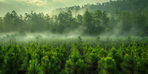 forest plantations in foggy mountain woodland in the morning, beautiful nature scenery. - obrazy, fototapety, plakaty
