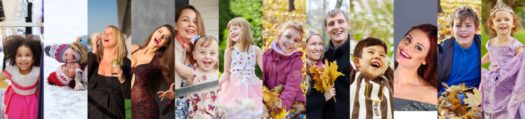 Collage with laughing people - happy adults and children, 14 models