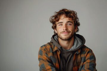 Portrait of a handsome young man with freckles and curly hair