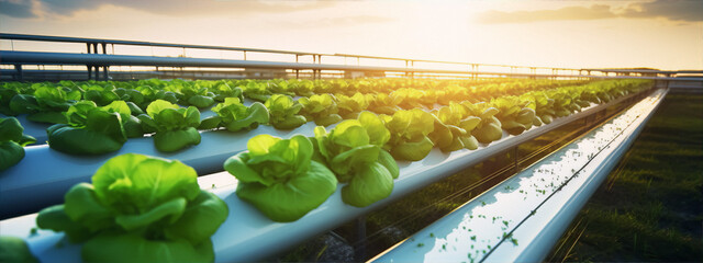 Hydroponic lettuce plants growing in a greenhouse with sunlight in the background - obrazy, fototapety, plakaty