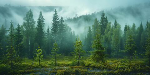 Foggy morning in mountain coniferous forest. Panorama. - obrazy, fototapety, plakaty