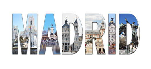 Collage with Madrid letters with views - Plaza Mayor, Cibeles Fountain, Retiro Park, Cathedral of...