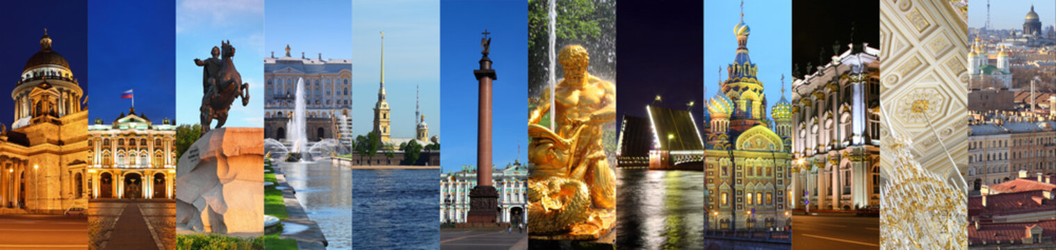 Collage with Saint-Petersburg views - Hermitage museum, Palace Bridge, Fountains of Petergof, Peter and Paul Fortress, St. Petersburg, Russia