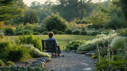 Burned-out professional seeking solace in a serene garden