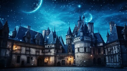 Enchanting night view of ancient castle in misty hills under starry sky, magical concept, banner