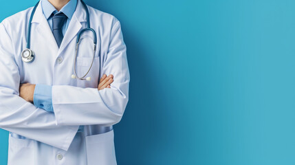 Professional doctor in a white coat with a stethoscope, arms crossed, on a blue background. Healthcare and medical confidence concept with copy space