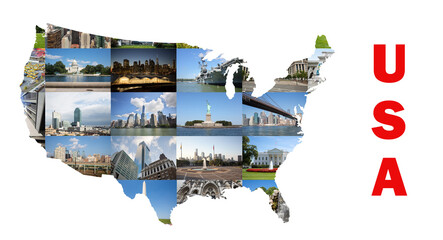 Collage with map with USA views - Brooklyn Bridge, Manhattan, Statue of Liberty, Capitol, White...
