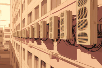 Anime-style illustration of a city street with a row of apartment buildings in the background in warm colors.