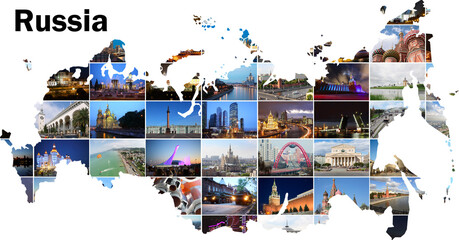 Map with Russia views - Moscow, Saint Petersburg, Sochi, Samara landmarks