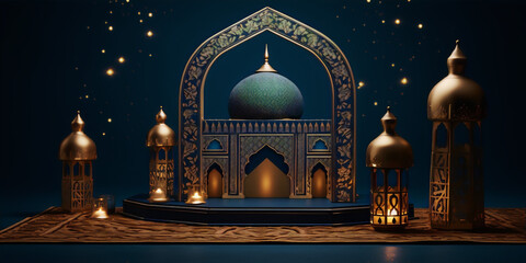 Fototapeta premium 3D rendering of a blue and gold mosque with intricate patterns and glowing lanterns.
