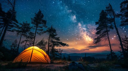 Illuminated tent under a starry sky in a forest - obrazy, fototapety, plakaty